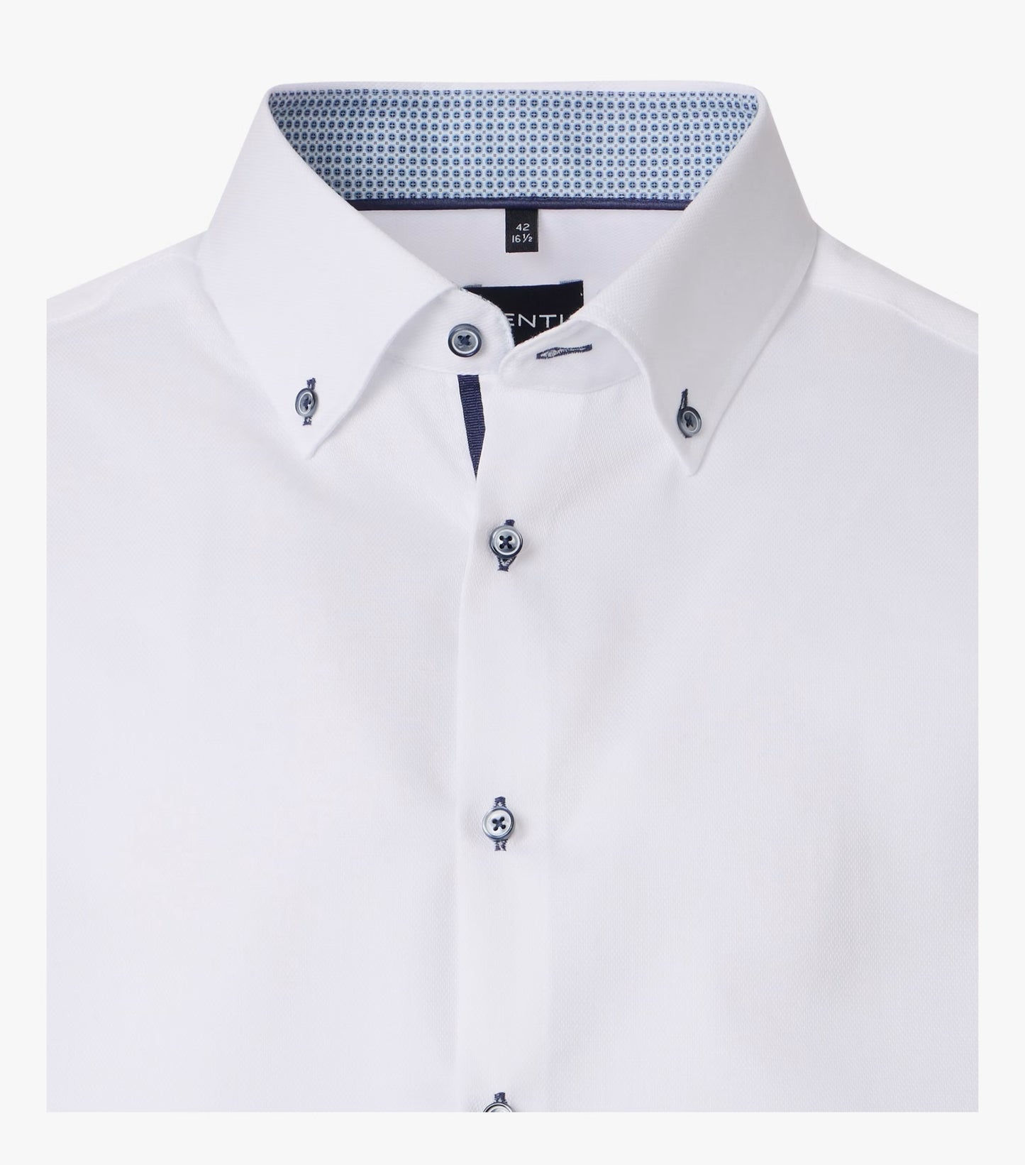 White long-sleeve button-down dress shirt with a patterned blue and white inner collar, matching decorative buttons on the collar points, and matching decorative buttons on the front placket.