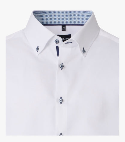 White long-sleeve button-down dress shirt with a patterned blue and white inner collar, matching decorative buttons on the collar points, and matching decorative buttons on the front placket.