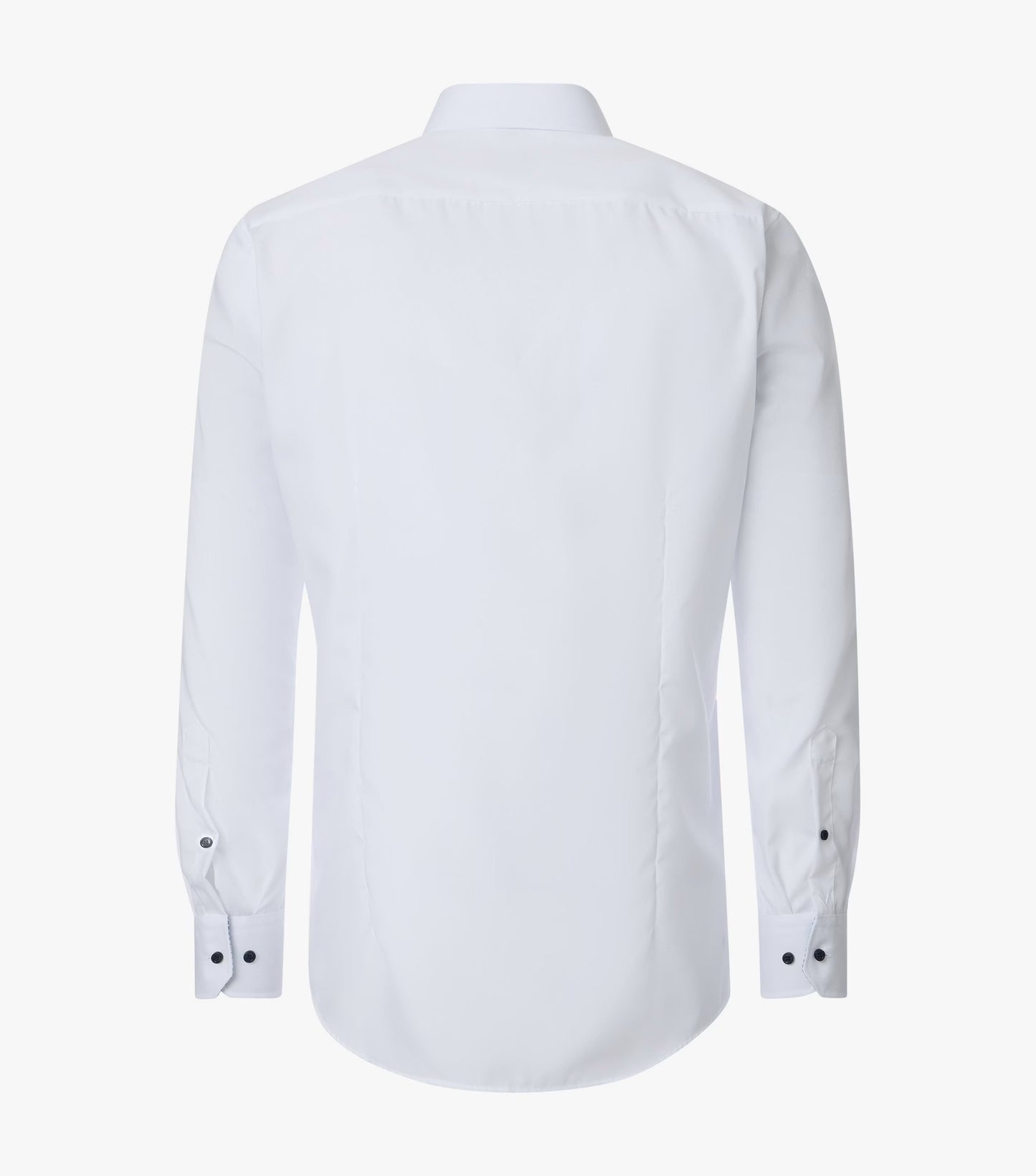 A white long-sleeve button-down dress shirt shown from the back, featuring a classic collar and buttoned cuffs, displayed on a clean white background.