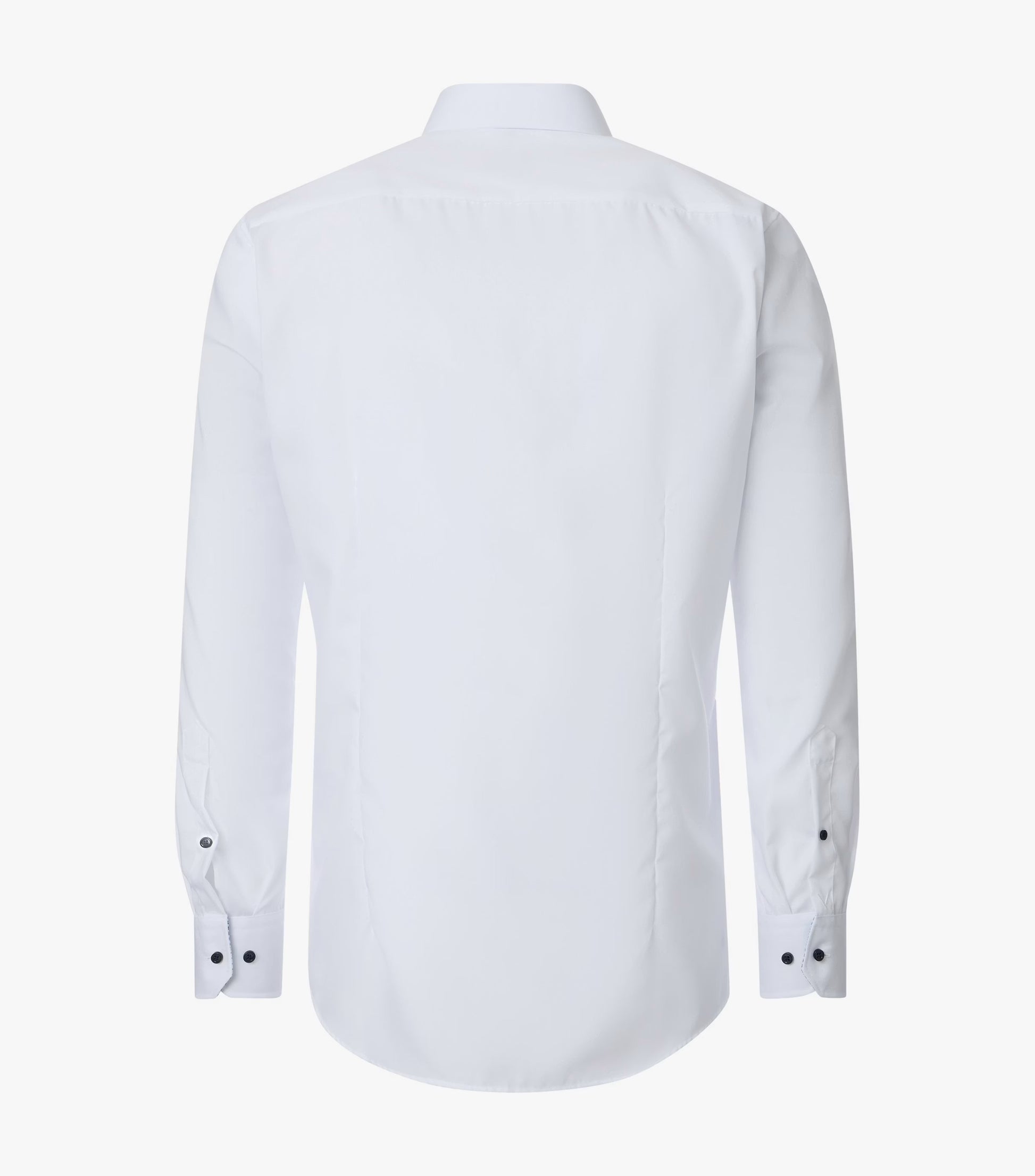 A white long-sleeve button-down dress shirt shown from the back, featuring a classic collar and buttoned cuffs, displayed on a clean white background.