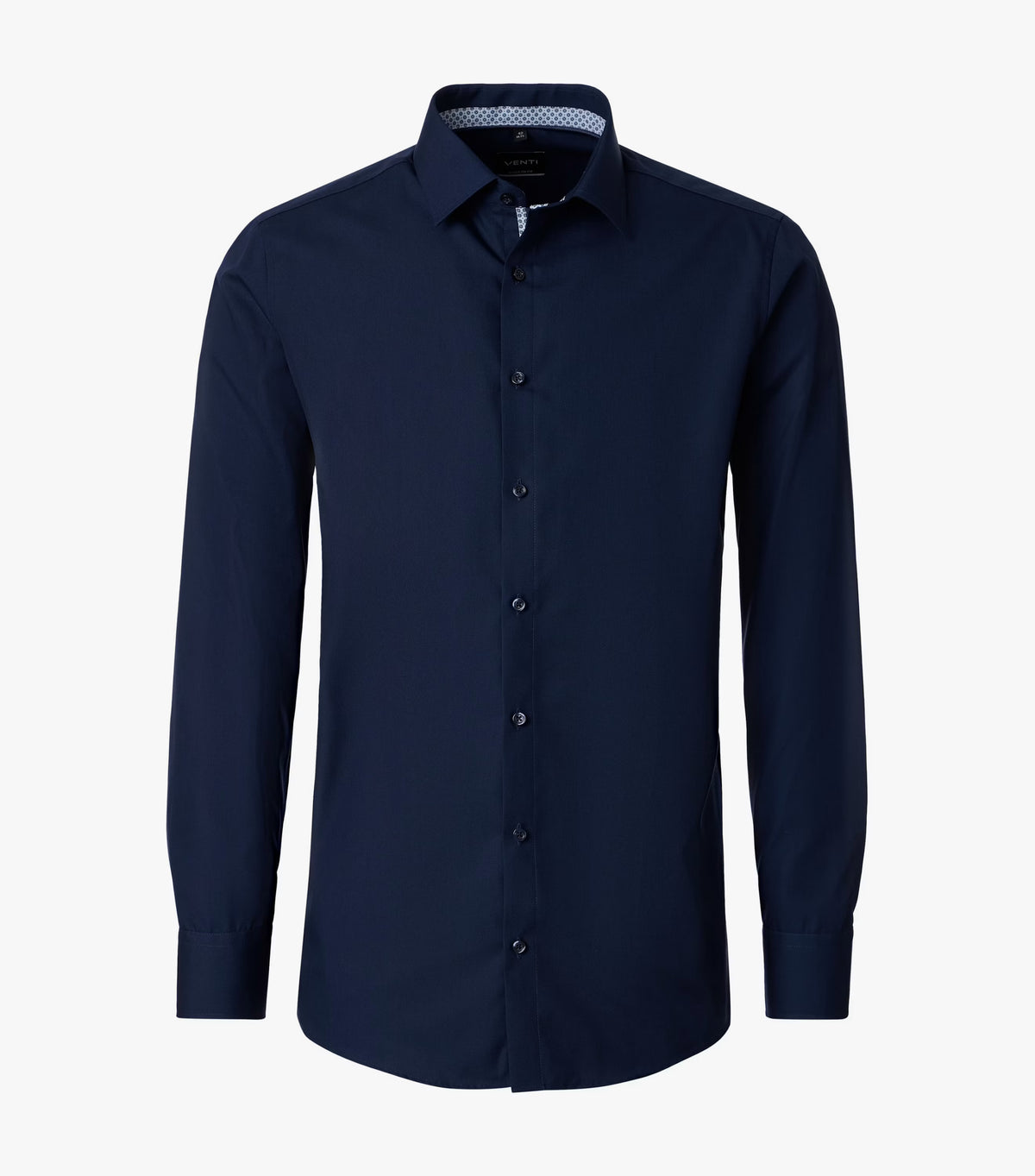 A dark navy blue long-sleeve dress shirt with a pointed collar and button-down front, shown on a clean white background.