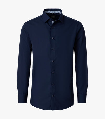 A dark navy blue long-sleeve dress shirt with a pointed collar and button-down front, shown on a clean white background.