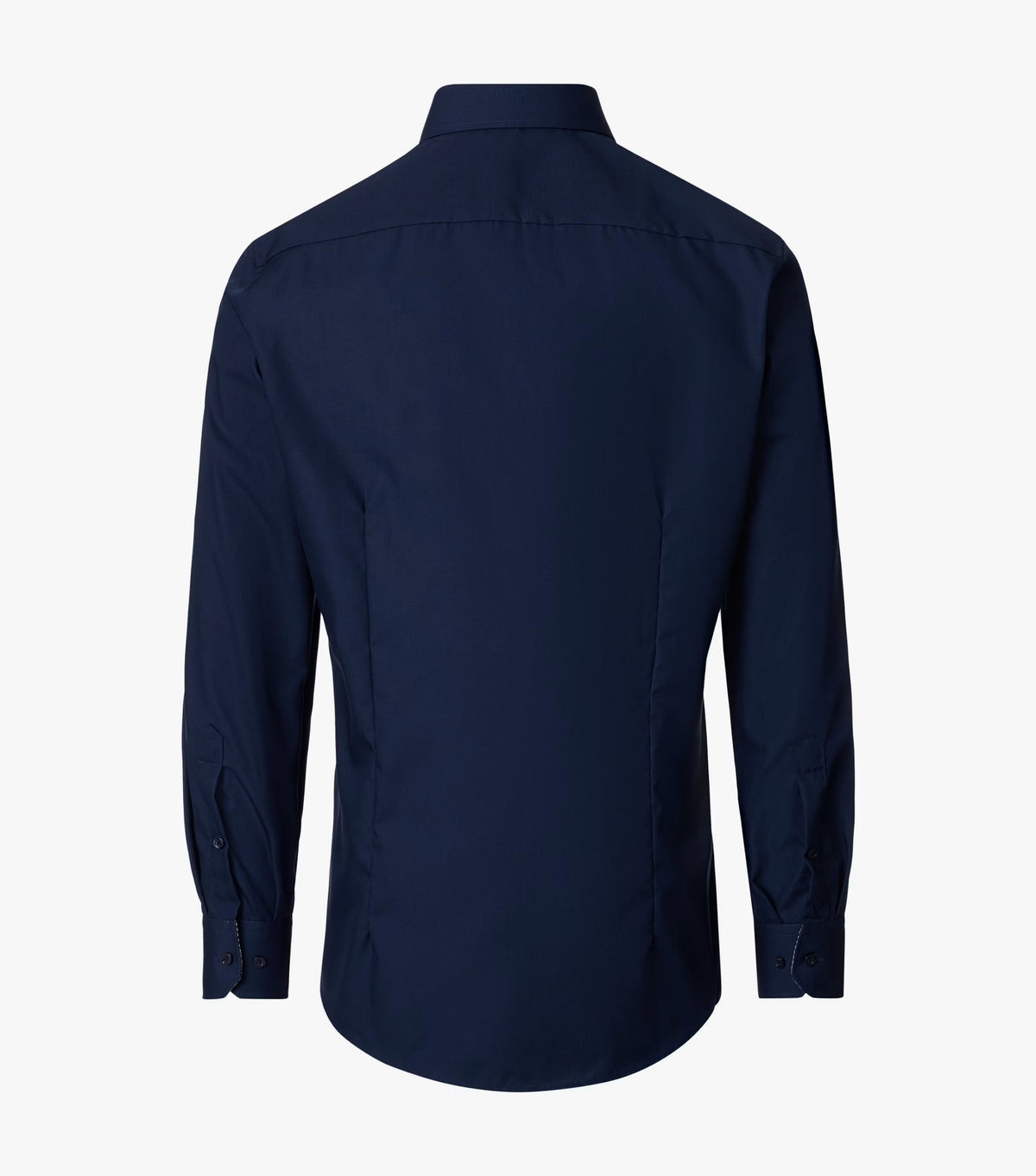 A dark navy blue long-sleeve dress shirt shown from the back, displayed on a clean white background.