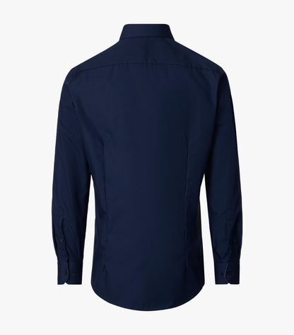 A dark navy blue long-sleeve dress shirt shown from the back, displayed on a clean white background.