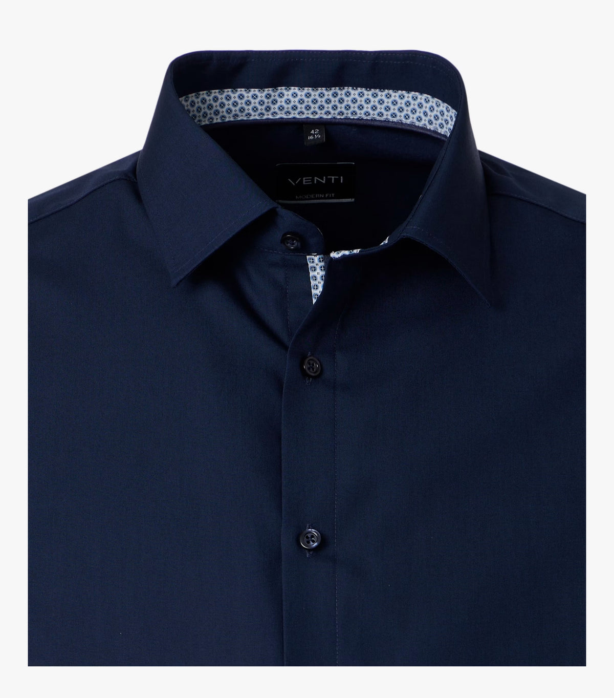 A close-up of a navy blue Venti brand dress shirt, showing the collar, front buttons, and a patterned inner collar lining on a white background.
