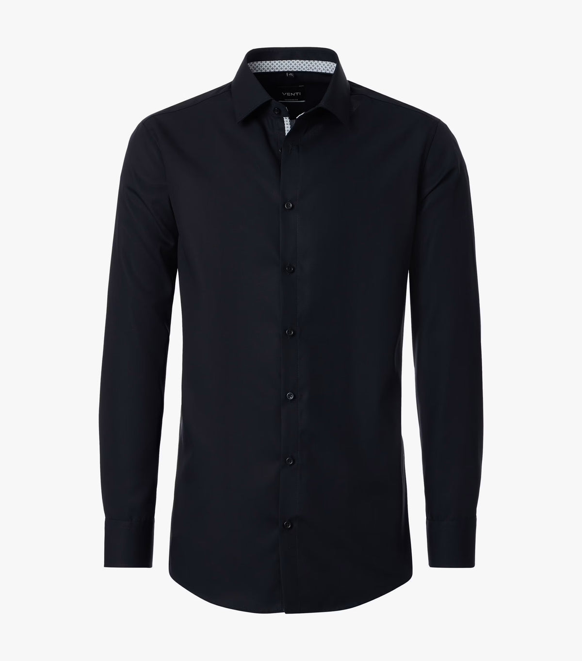 A long-sleeve button-down dress shirt in solid black, shown on a clean white background.