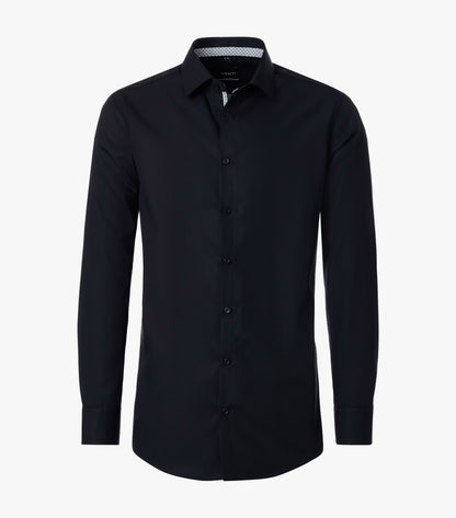 A long-sleeve button-down dress shirt in solid black, shown on a clean white background.