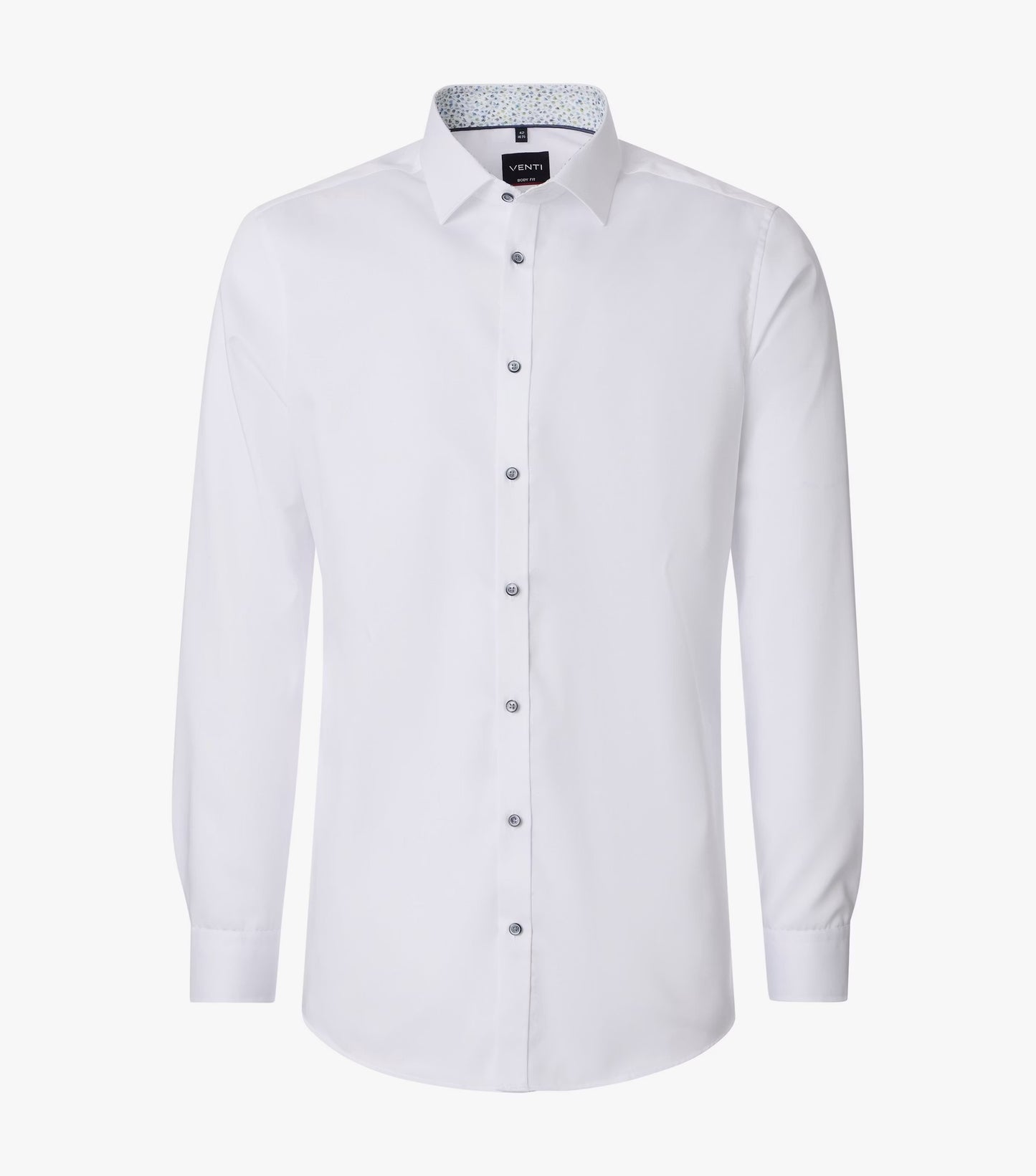 A white long-sleeve button-down dress shirt with a pointed collar and a subtle patterned inner collar, shown on a light gray background.