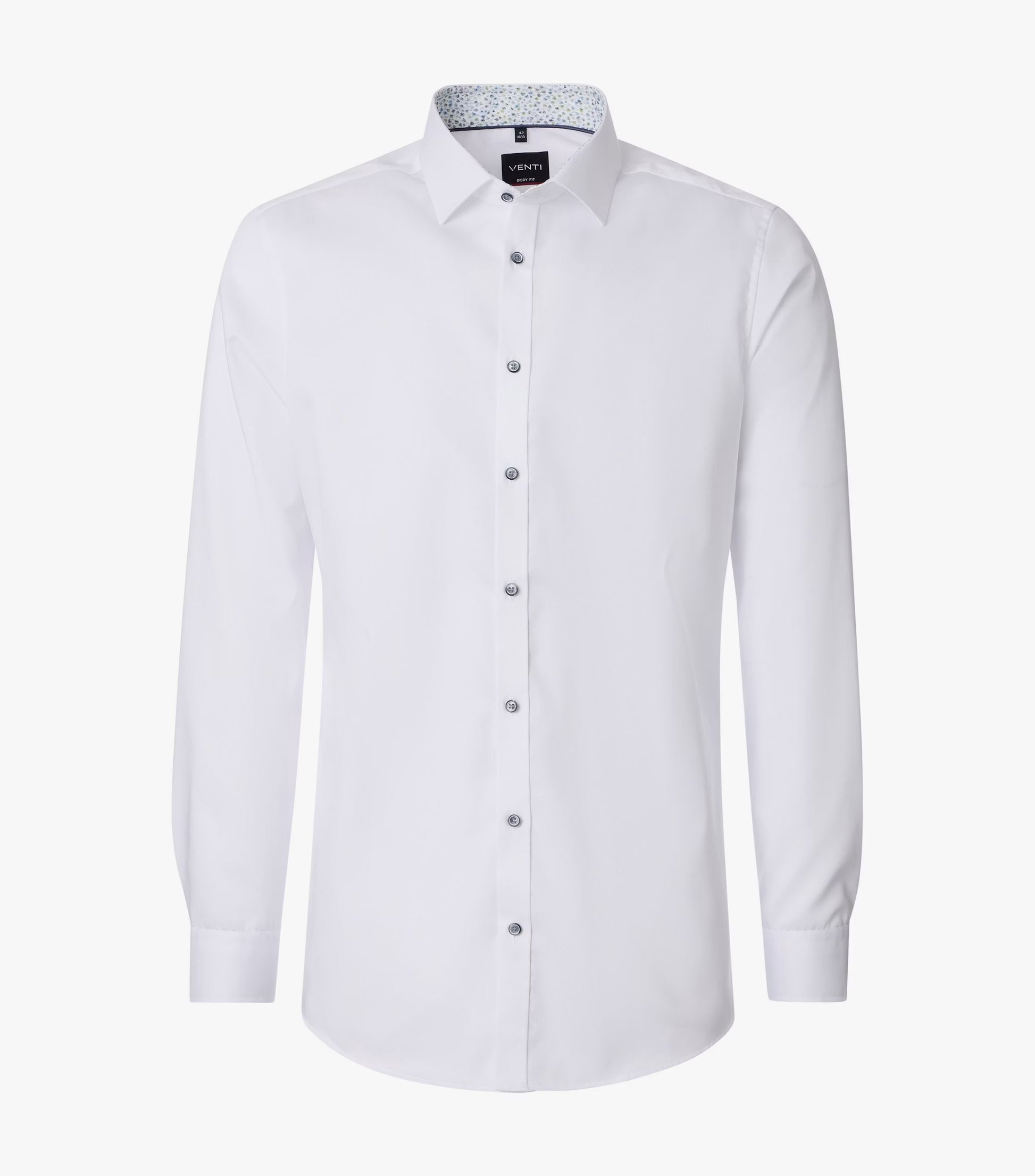 A white long-sleeve button-down dress shirt with a pointed collar and a subtle patterned inner collar, shown on a light gray background.
