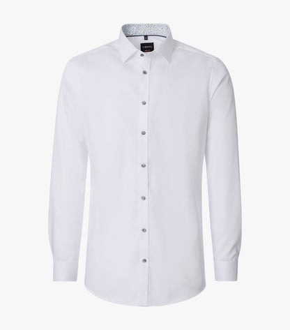 A white long-sleeve button-down dress shirt with a pointed collar and a subtle patterned inner collar, shown on a light gray background.