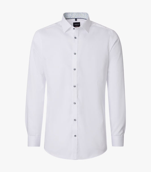 A white long-sleeve button-down dress shirt with a pointed collar and a subtle patterned inner collar, shown on a light gray background.