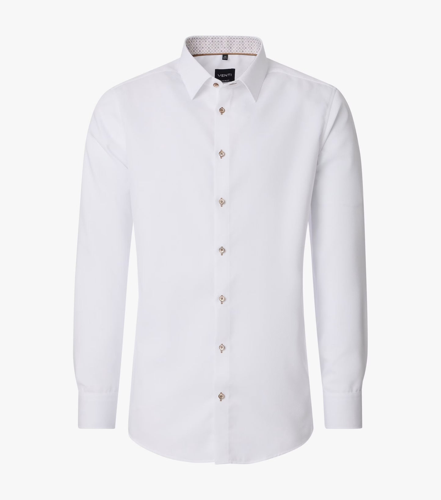 A white long-sleeve button-down dress shirt with a classic collar and small metallic buttons, shown on a clean white background.