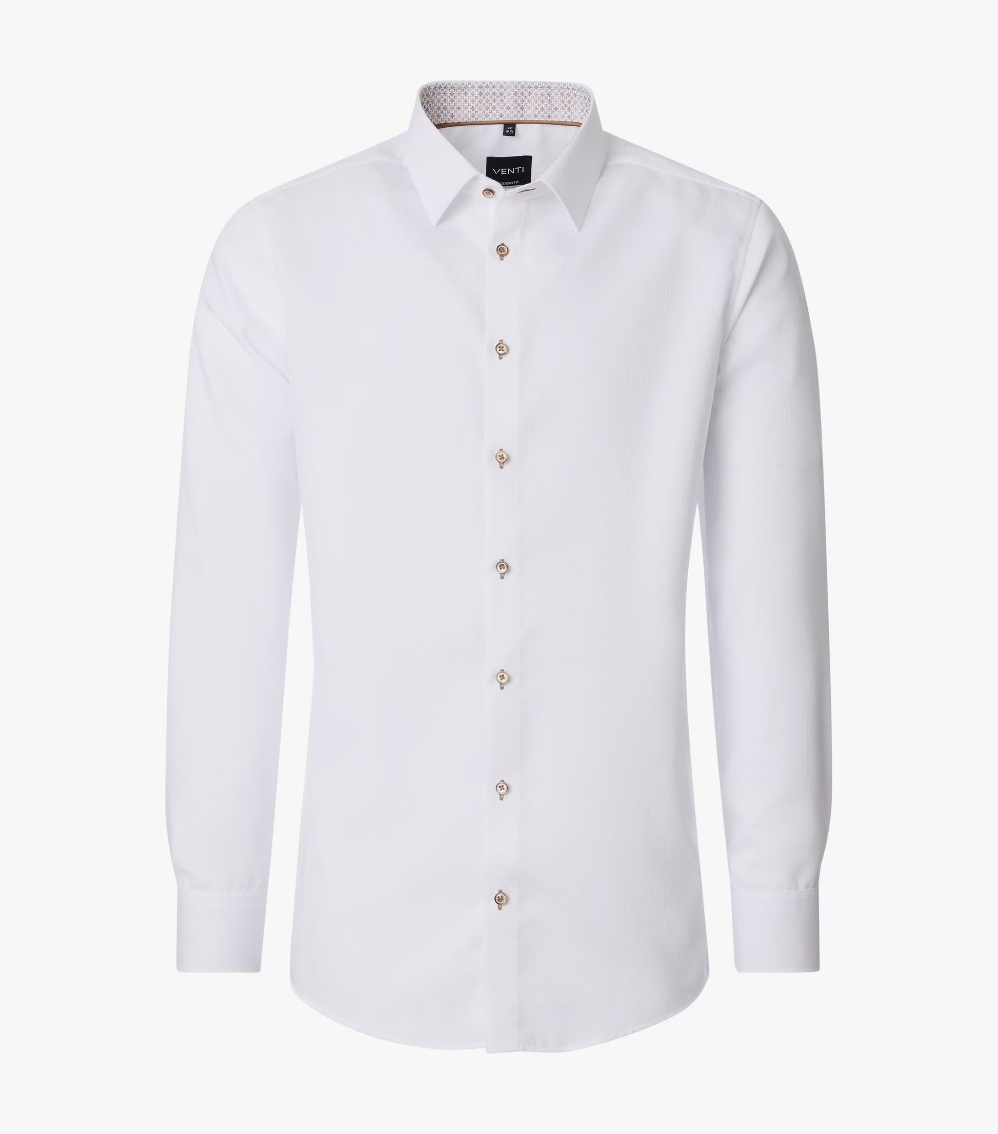 A white long-sleeve button-down dress shirt with a classic collar and small metallic buttons, shown on a clean white background.