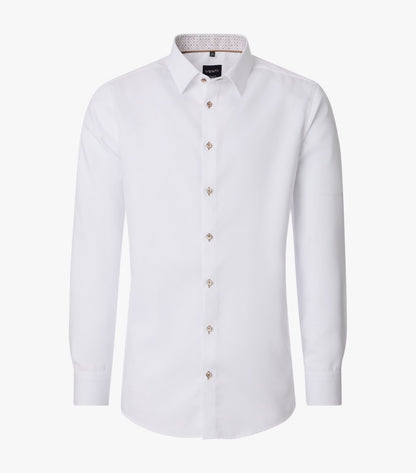 A white long-sleeve button-down dress shirt with a classic collar and small metallic buttons, shown on a clean white background.