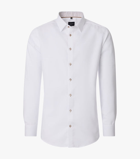 A white long-sleeve button-down dress shirt with a classic collar and small metallic buttons, shown on a clean white background.