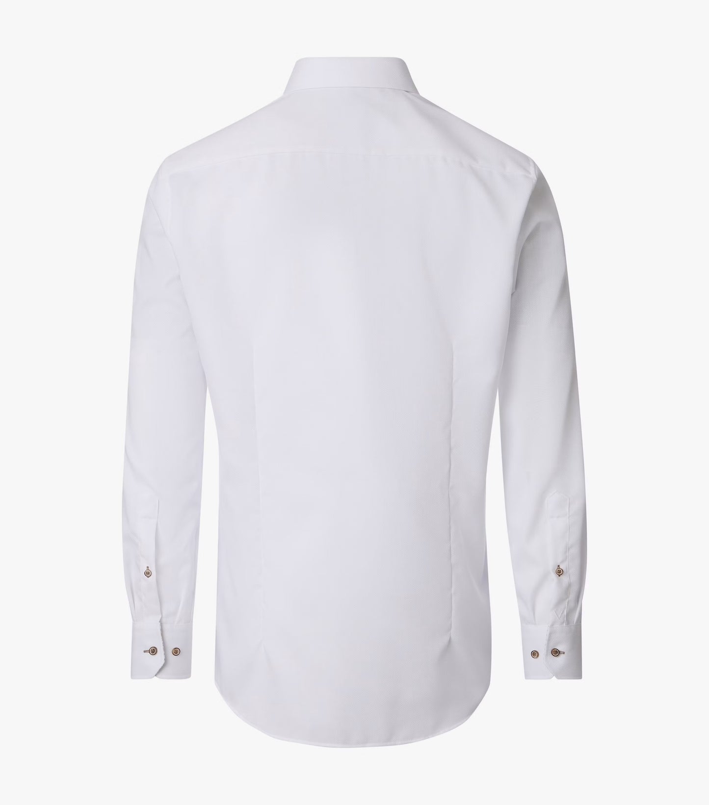 A white long-sleeve dress shirt shown from the back, featuring a classic collar and buttoned cuffs, displayed on a clean white background.