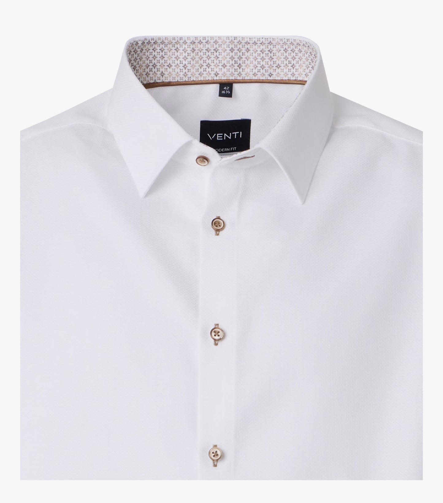 White long-sleeve dress shirt with a pointed collar, decorative gold-tone buttons, and a VENTI brand label on the inner neck.