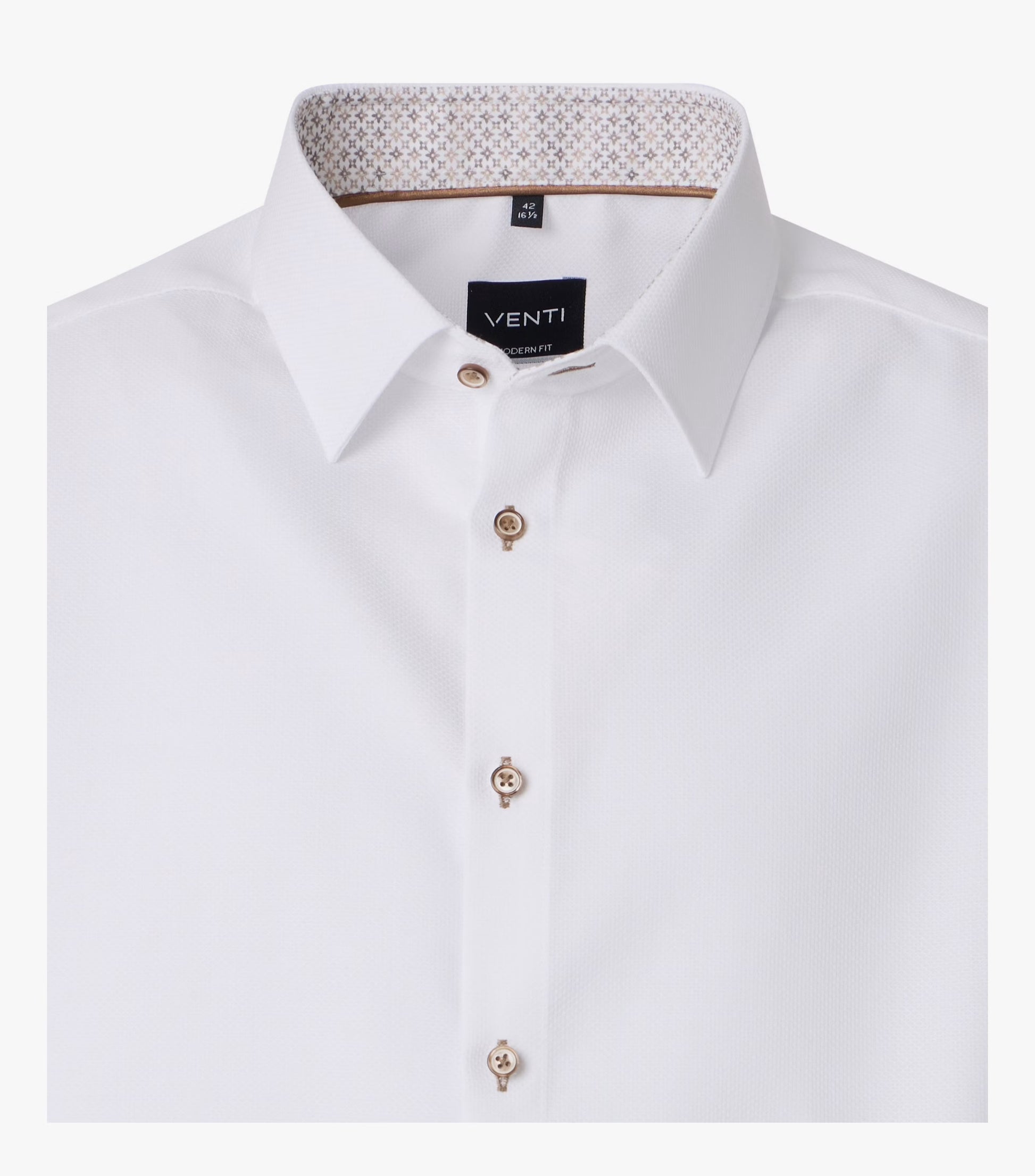 White long-sleeve dress shirt with a pointed collar, decorative gold-tone buttons, and a VENTI brand label on the inner neck.