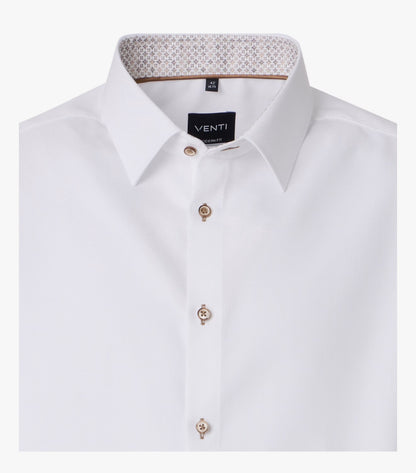 White long-sleeve dress shirt with a pointed collar, decorative gold-tone buttons, and a VENTI brand label on the inner neck.
