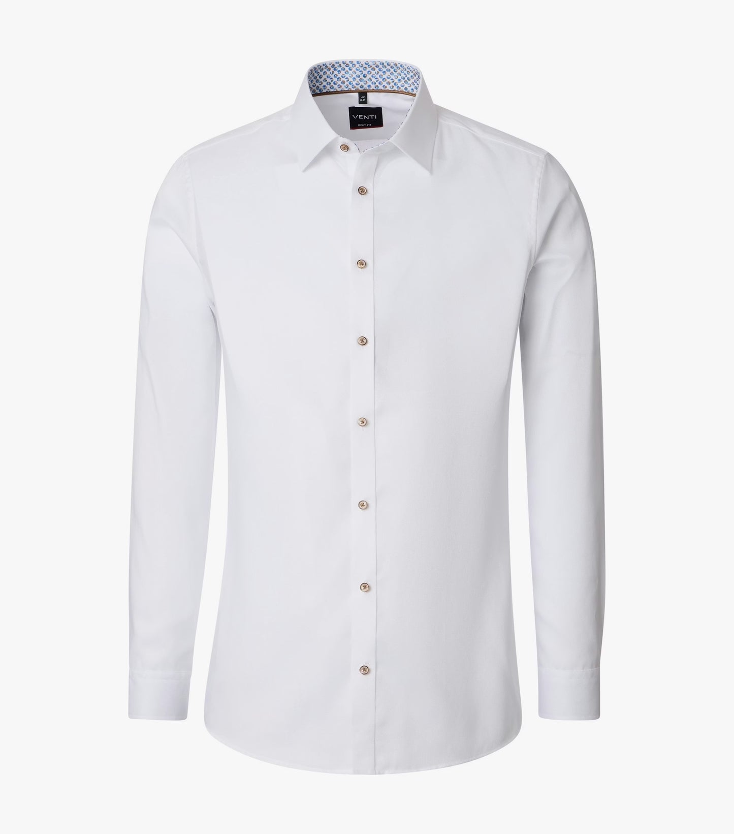 White dress shirt with brown buttons on a white background