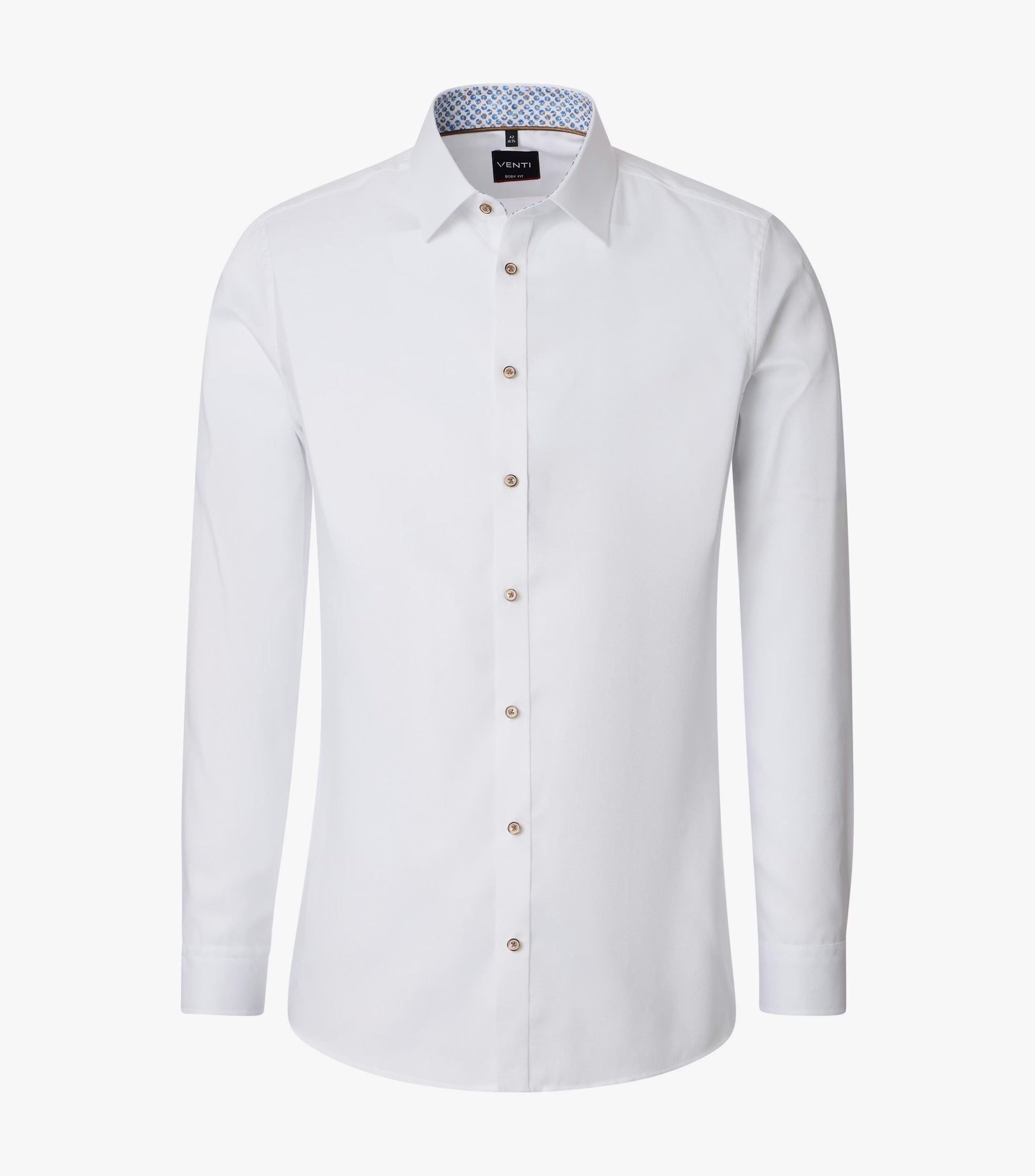 White dress shirt with brown buttons on a white background