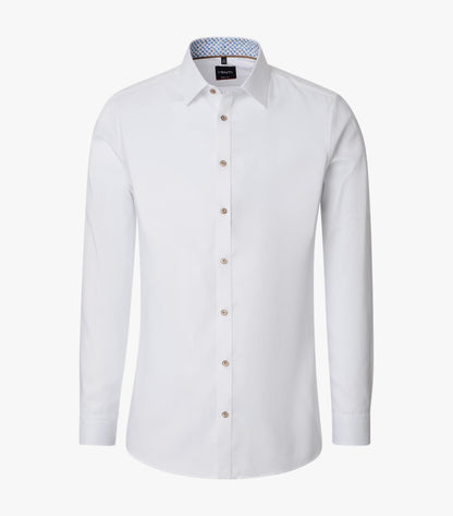 White dress shirt with brown buttons on a white background