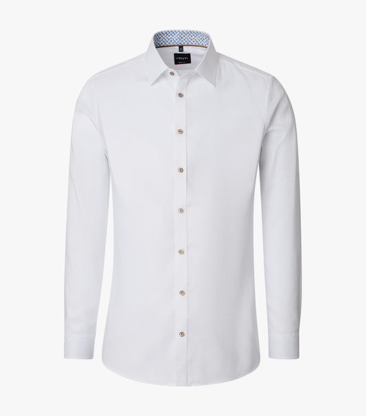 White dress shirt with brown buttons on a white background