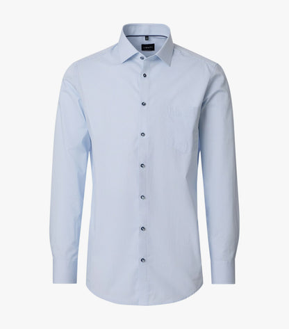 Light blue dress shirt with black buttons on a white background
