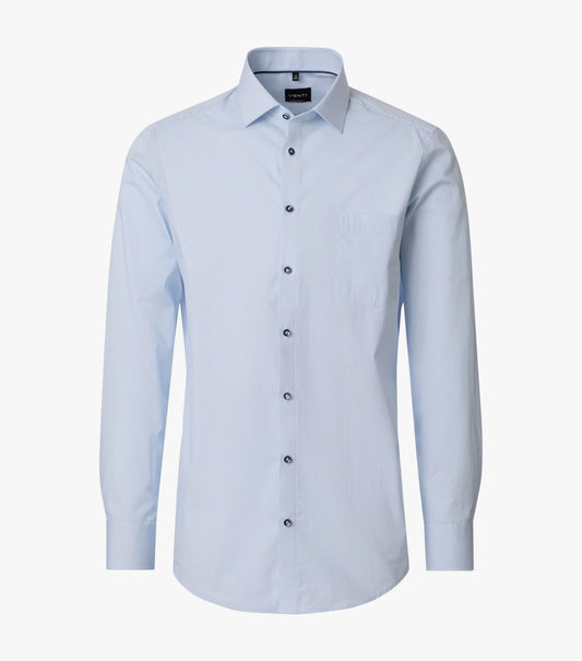 Light blue dress shirt with black buttons on a white background