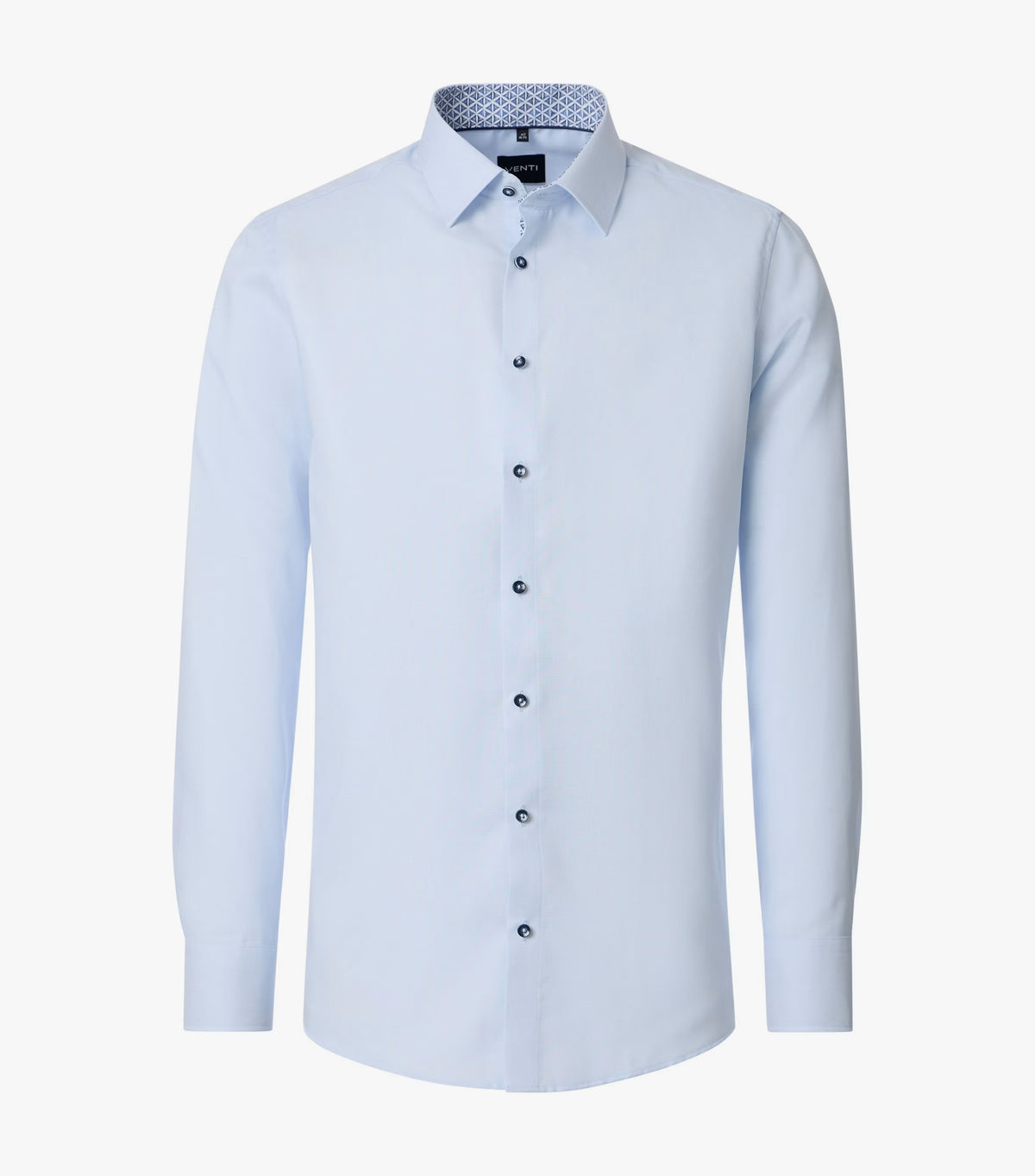 A light blue long-sleeve dress shirt with a pointed collar and dark buttons, shown on a clean white background.