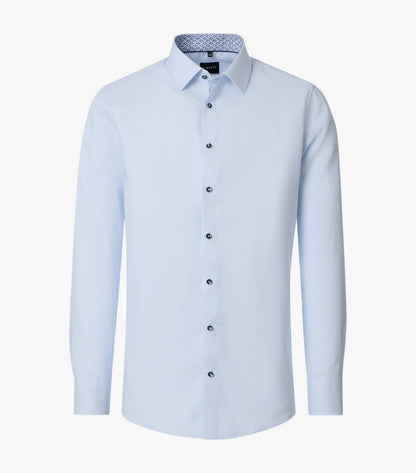 A light blue long-sleeve dress shirt with a pointed collar and dark buttons, shown on a clean white background.