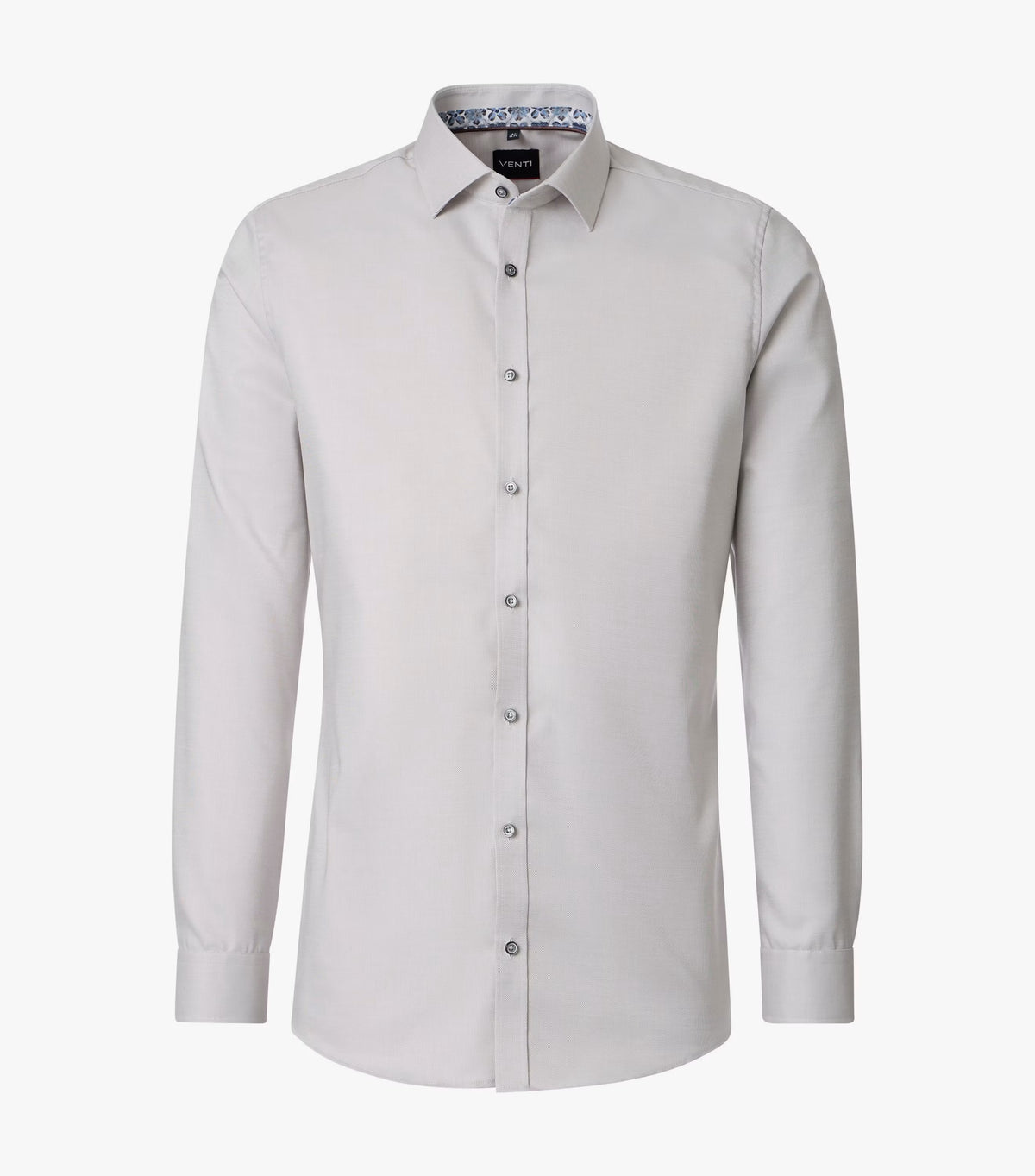 A light gray long-sleeve button-down dress shirt with a pointed collar and a subtle patterned inner collar lining, displayed on a clean white background.