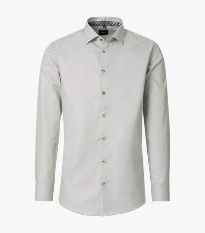 A light gray long-sleeve button-down dress shirt with a pointed collar, shown on a clean white background.