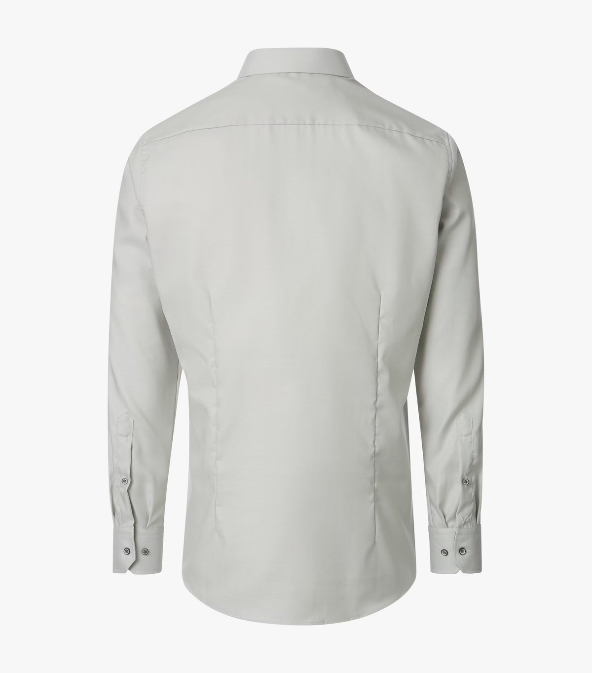 A light gray long-sleeve button-down shirt shown from the back, displayed on an invisible mannequin against a plain white background.