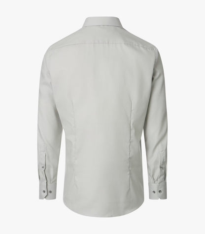 A light gray long-sleeve button-down shirt shown from the back, displayed on an invisible mannequin against a plain white background.