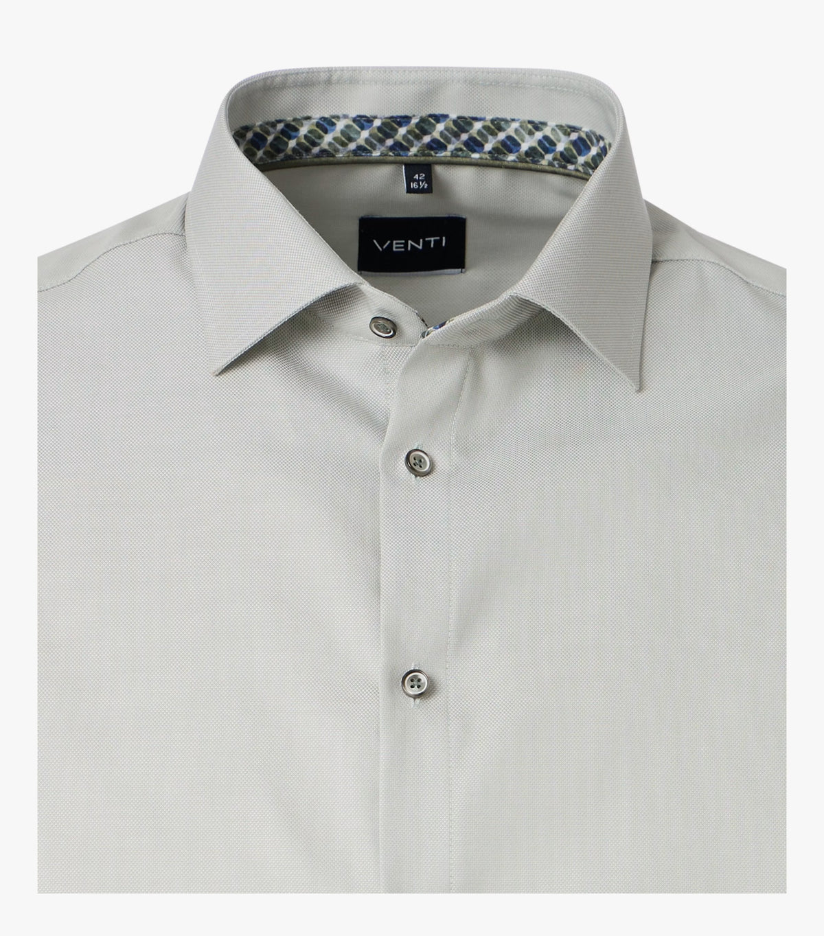 A close-up of a light gray Venti men's dress shirt, showing the collar, silver buttons, and patterned inner neck lining.