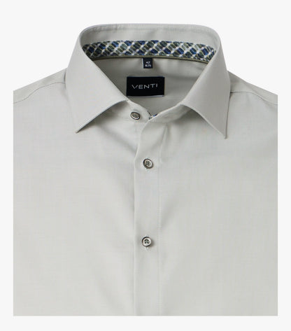 A close-up of a light gray Venti men's dress shirt, showing the collar, silver buttons, and patterned inner neck lining.