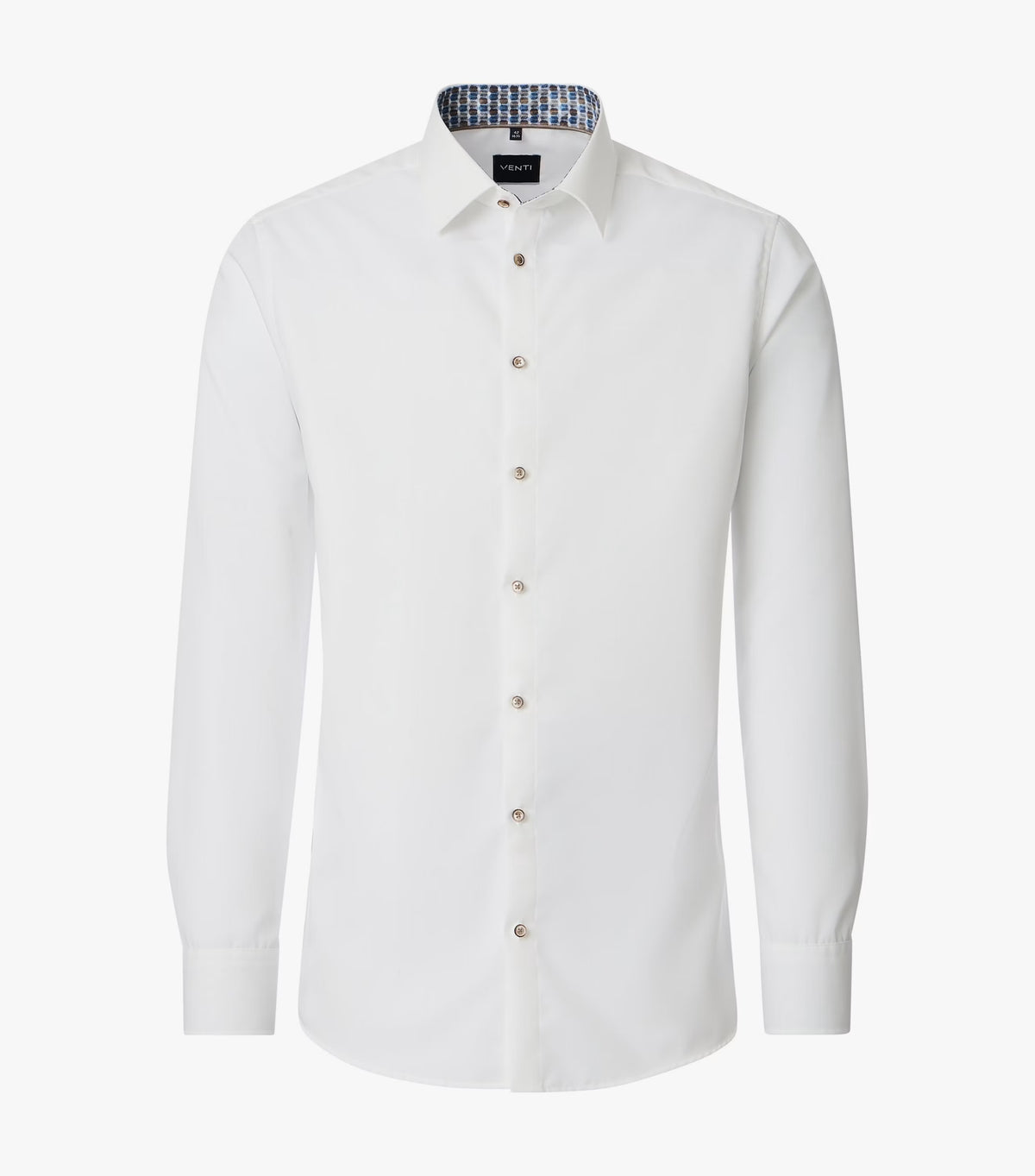 A white long-sleeve button-down dress shirt with a classic collar and a subtle patterned inner neck lining, displayed on a clean white background.