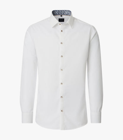 A white long-sleeve button-down dress shirt with a classic collar and a subtle patterned inner neck lining, displayed on a clean white background.