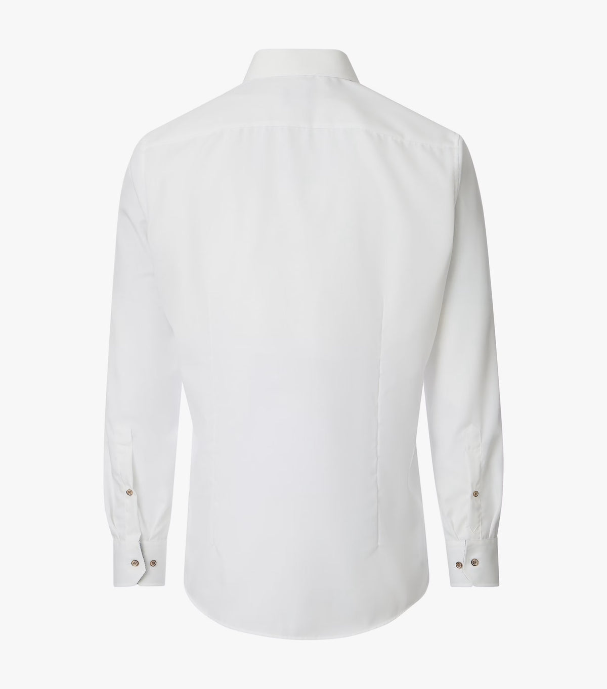 A white long-sleeve dress shirt shown from the back, featuring a classic collar and buttoned cuffs, displayed on a clean white background.
