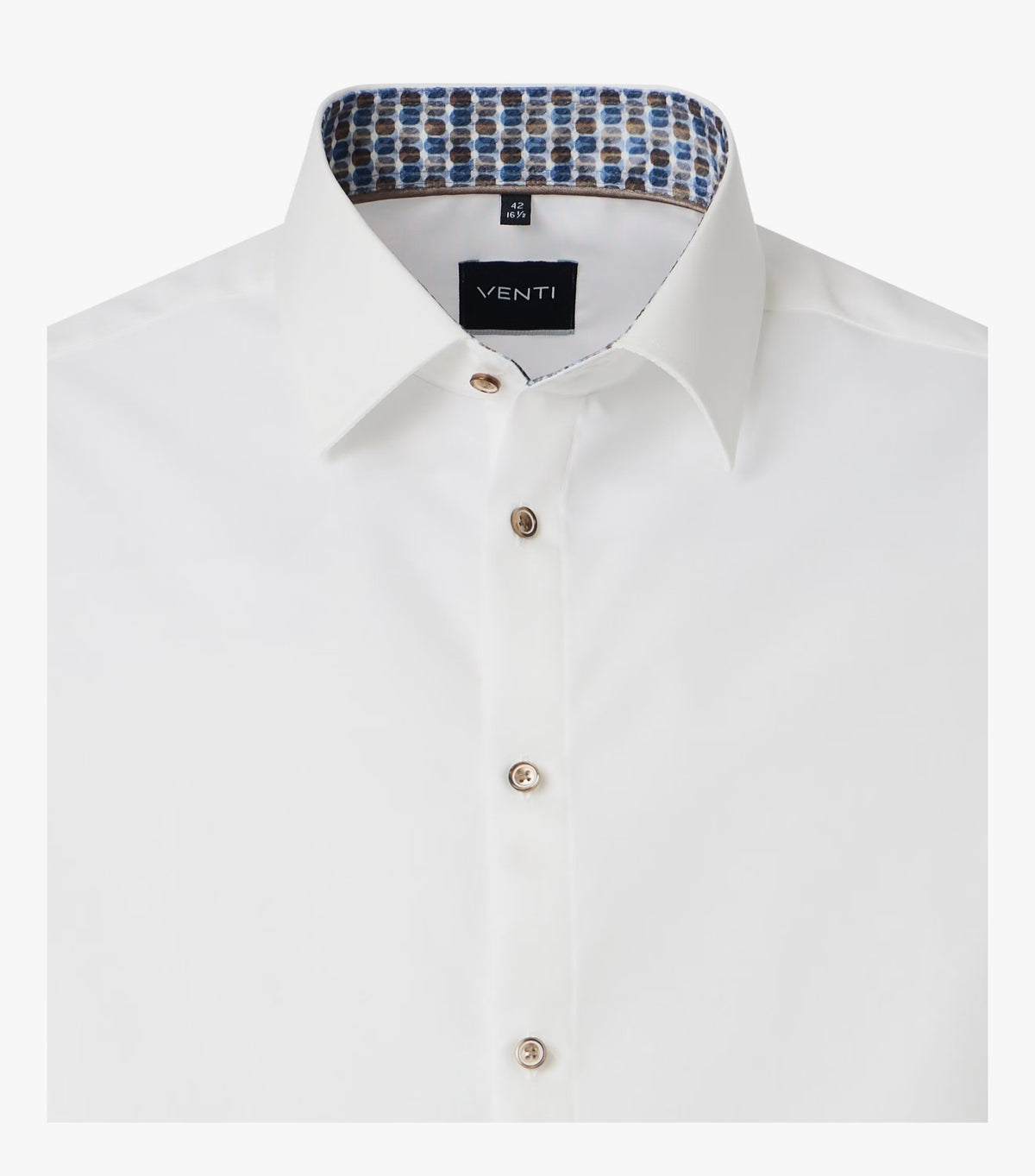 A close-up of a white VENTI dress shirt with a patterned blue and gray lining inside the collar, featuring gold-tone buttons.