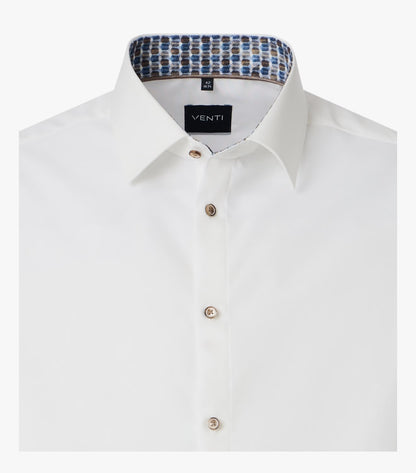 A close-up of a white VENTI dress shirt with a patterned blue and gray lining inside the collar, featuring gold-tone buttons.