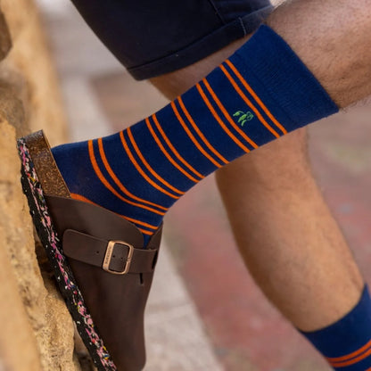 Swole Panda Bamboo Socks - Navy & Orange Stripes