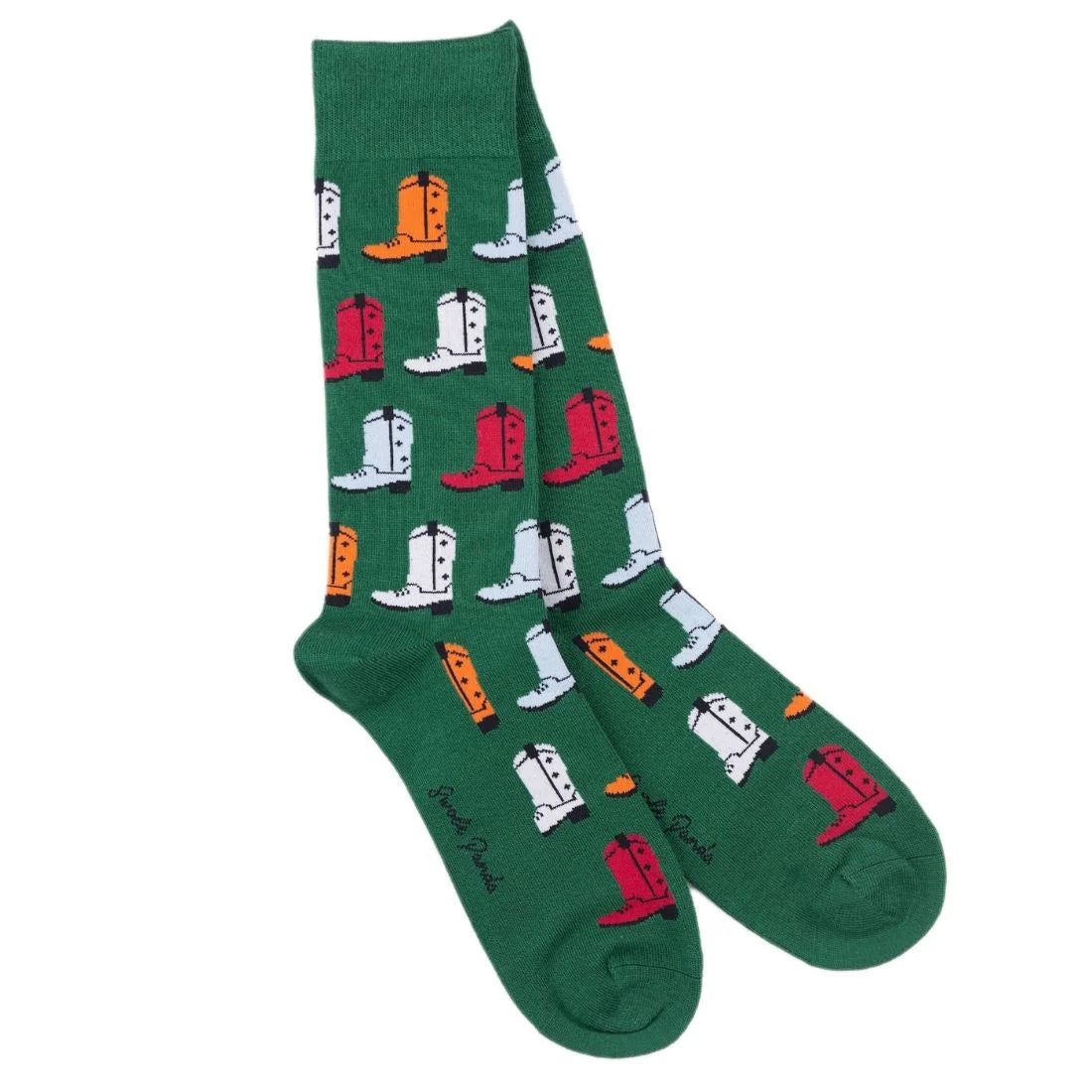 Green socks with colorful boot pattern on a white background