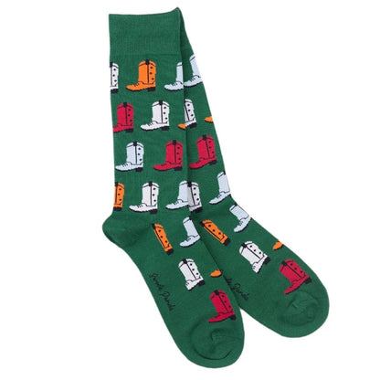 Green socks with colorful boot pattern on a white background
