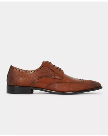 Brown leather dress shoe on a white background