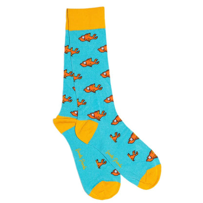Blue sock with orange fish pattern and yellow accents on a white background