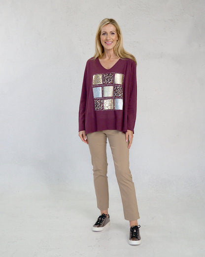 Deck V Neck Leopard Print Knit - Bordeaux