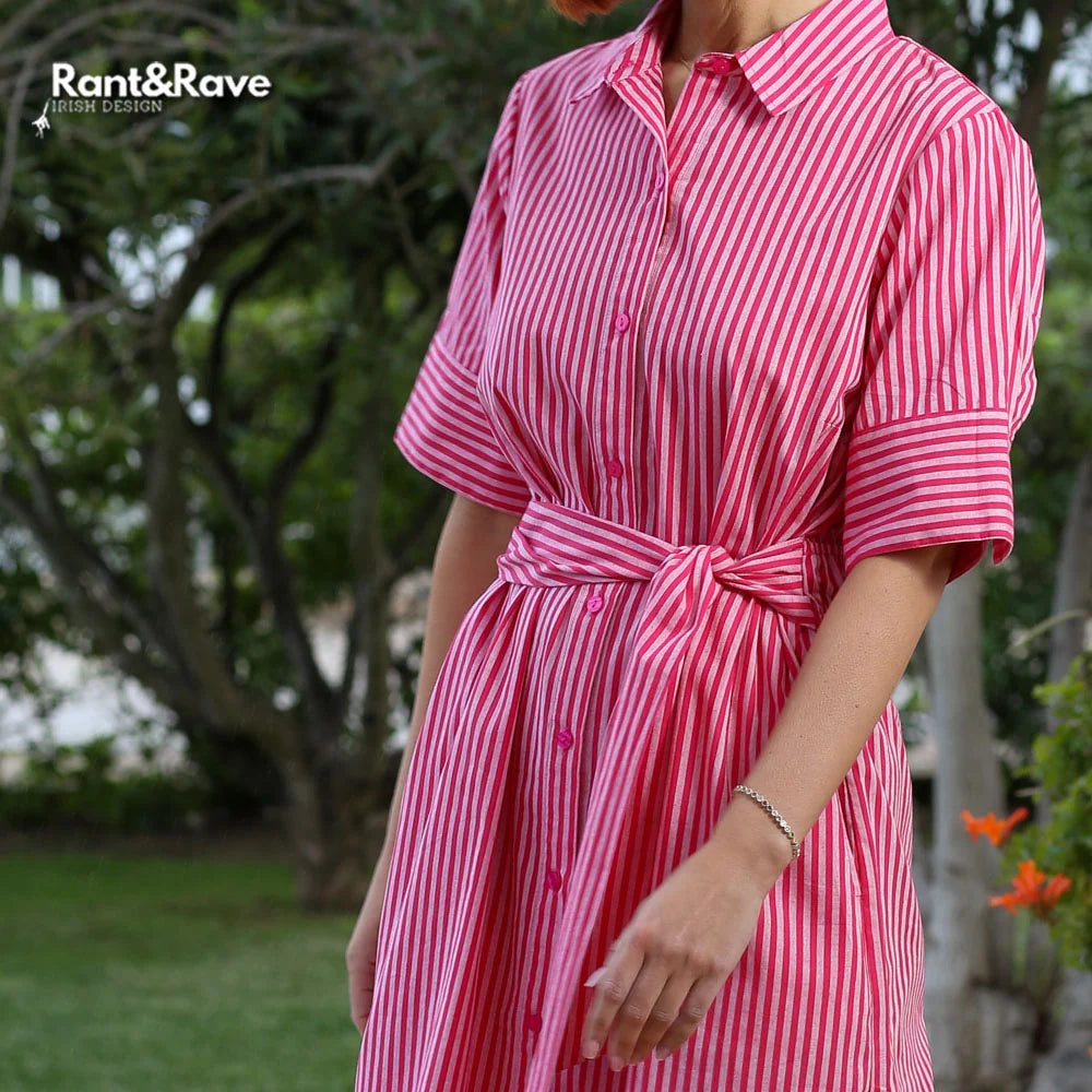 Person wearing a pink and white striped dress with 'Rant&Rave' branding in the corner.