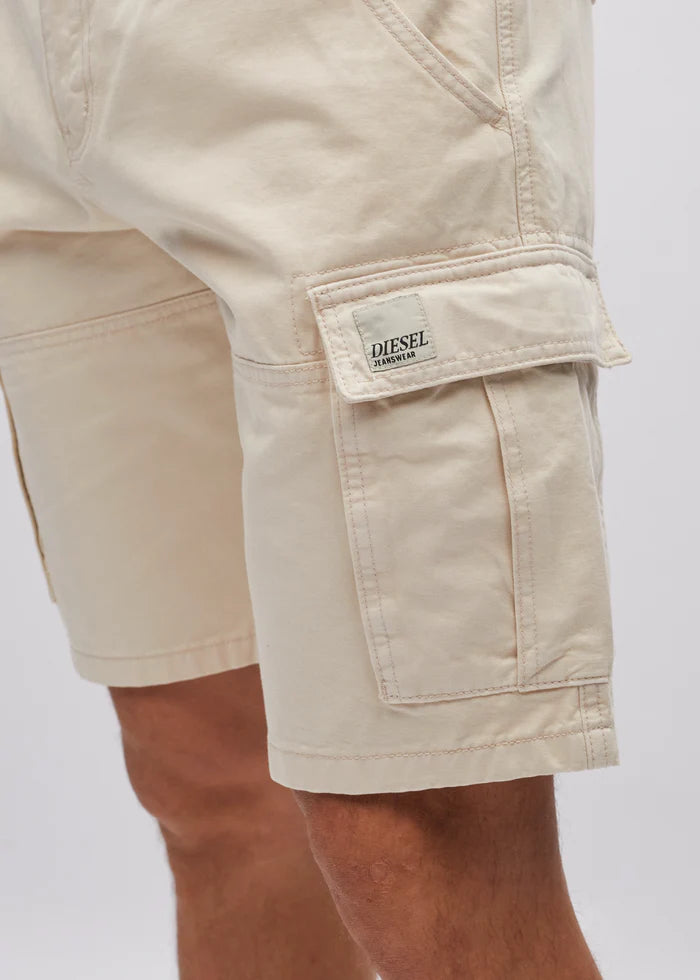 Beige cargo shorts with a Diesel label on a white background
